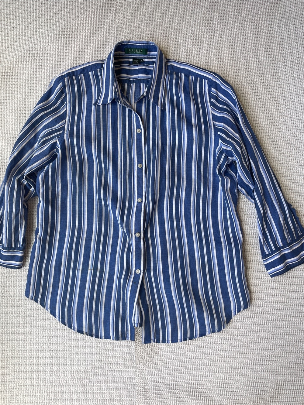 Women’s Ralph Lauren Linen Navy and White Striped Button-Down Shirt Size M